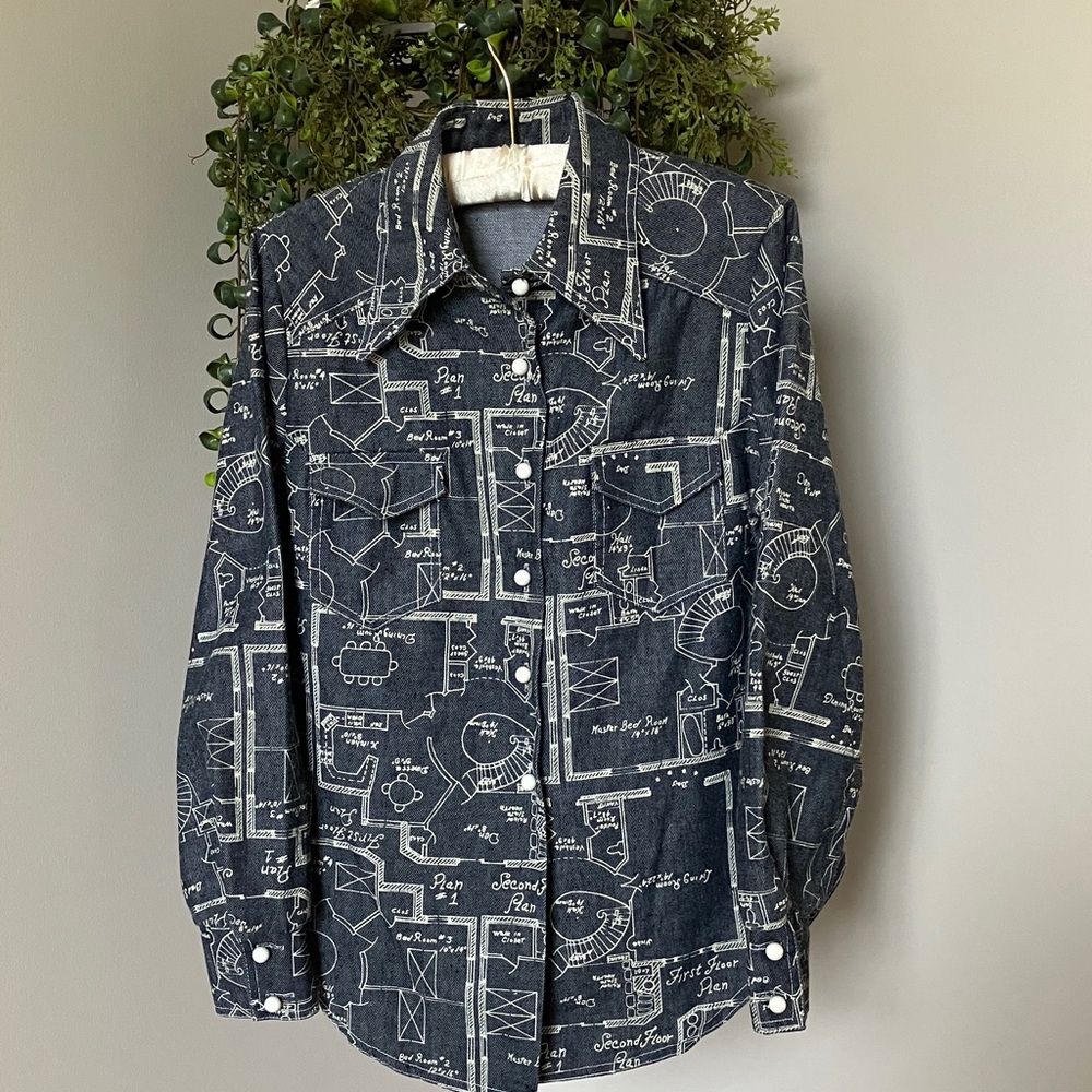 Women’s Blueprint Print Denim Button-Up Shirt